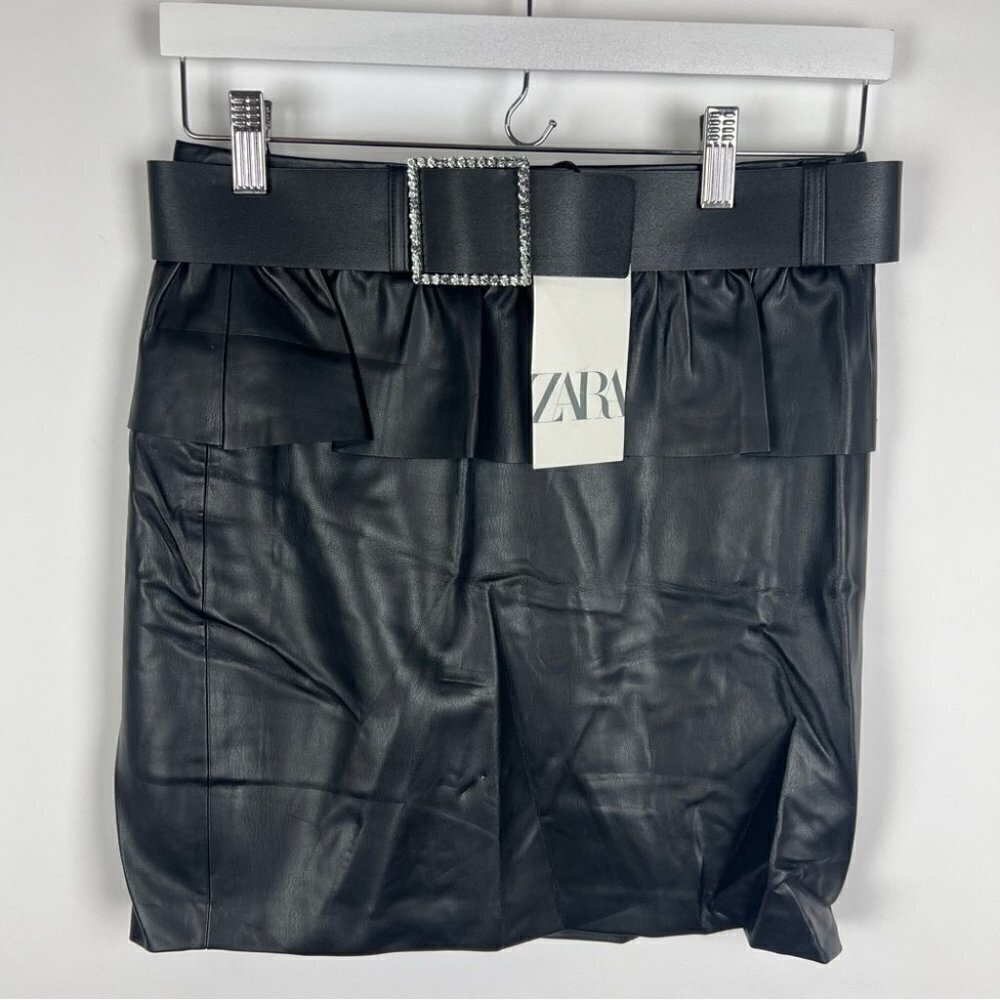 Zara, Women’s Belted Faux Leather Skirt In Black. Size: S.